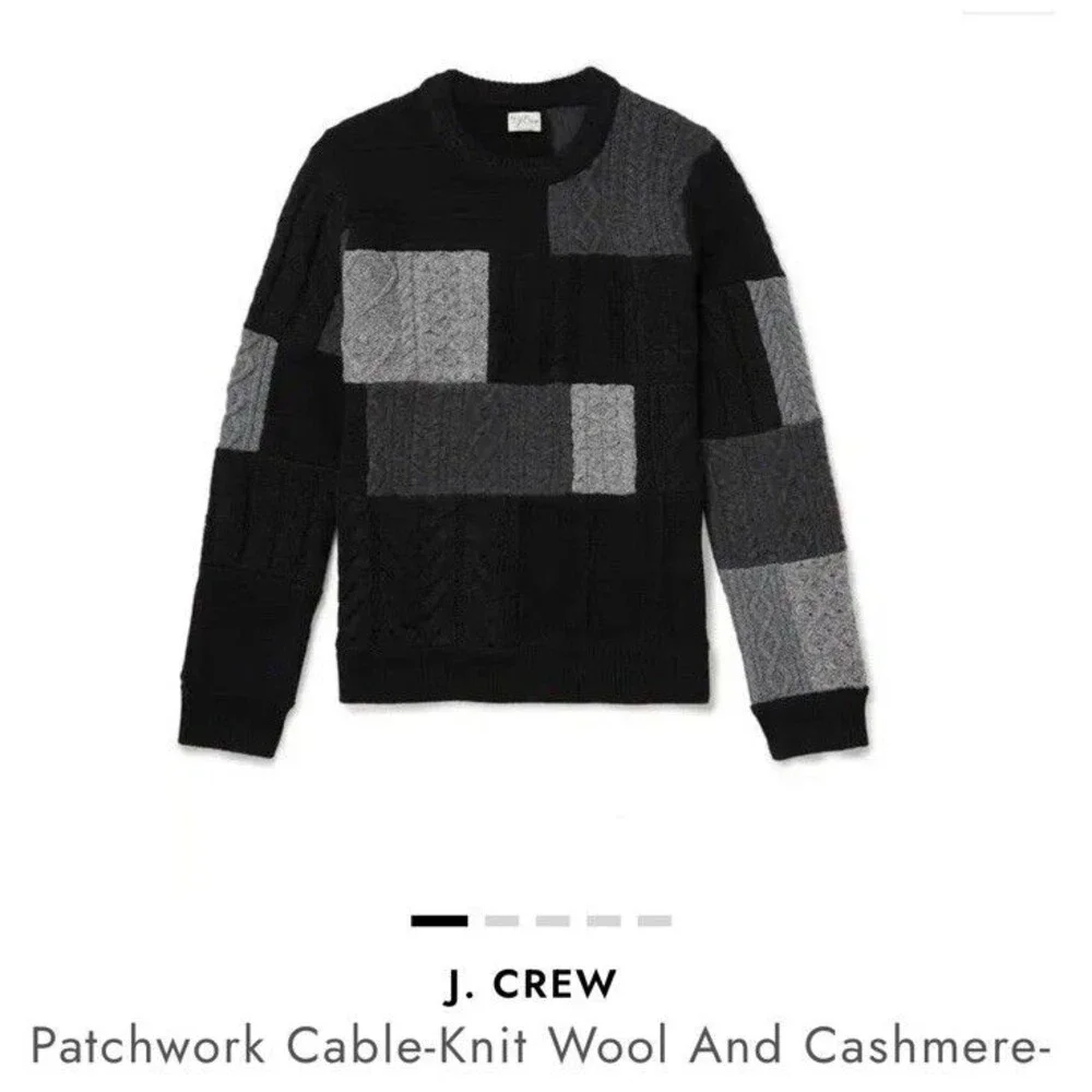 J. CREW Men's Patchwork Cable-Knit Sweater Black Gray  Wool-Cashmere Size Small